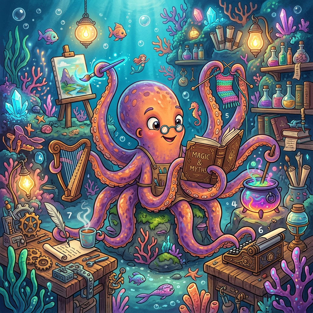 Colorful octopus multitasking by painting, reading magic book, knitting, and stirring potion underwater